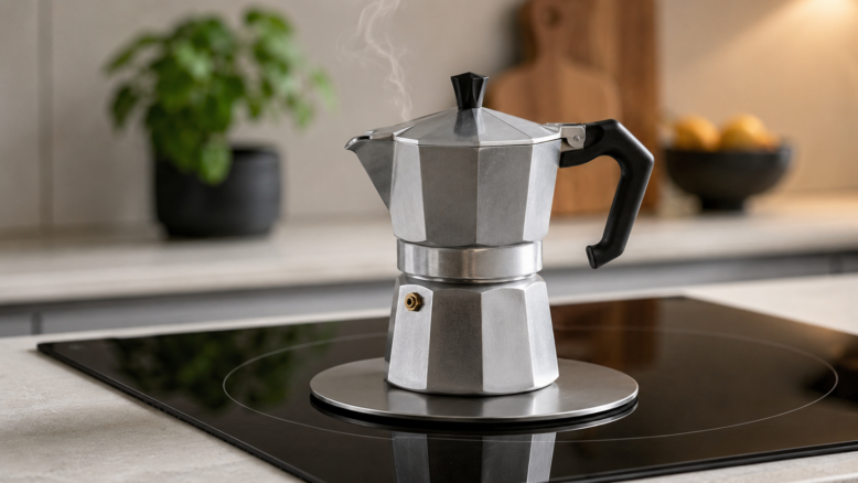 Espressokocher auf dem Induktionsherd benutzen [Bildinhalt mit KI erstellt]