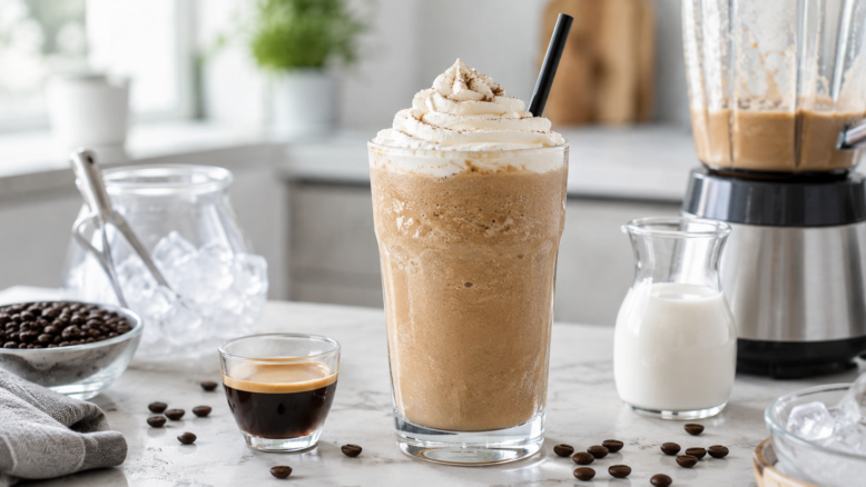Frappuccino im Glas mit Sahnehaube und Trinkhalm [Bildinhalt mit KI erstellt]