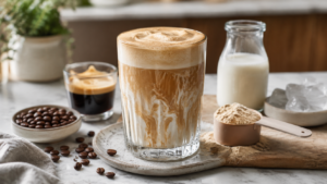 Protein Kaffee Rezept: cremiger Fitness-Kaffee mit Espresso [Bildinhalt mit KI erstellt]