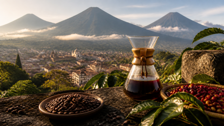 Guatemaltekischer Antigua-Kaffee mit Handfilter vor drei Vulkanen [Bildinhalt mit KI erstellt]