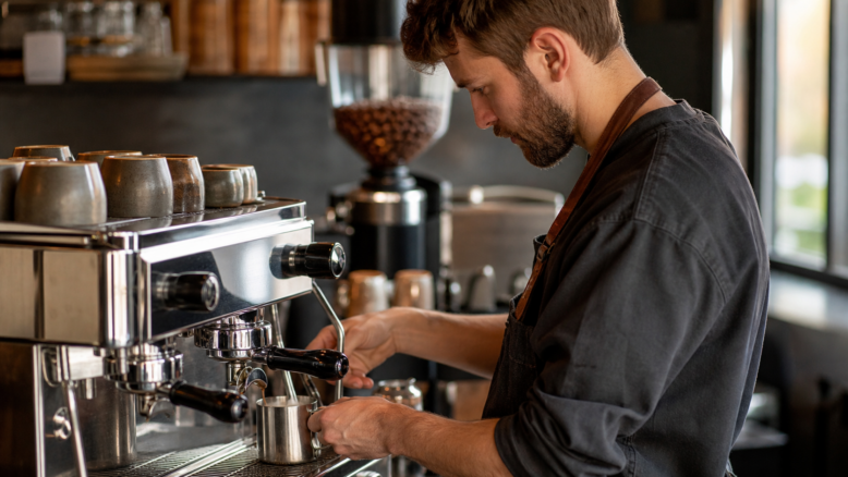 Barista an der Espressomaschine bei der Zubereitung eines Kaffees [Bildinhalt mit KI erstellt]
