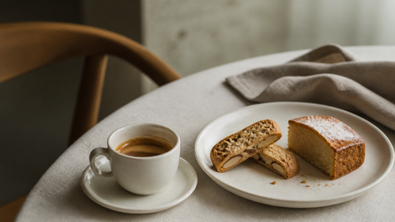 Espresso mit Biscotti und einem Stück Kuchen als Beilage [Bildinhalt mit KI erstellt]