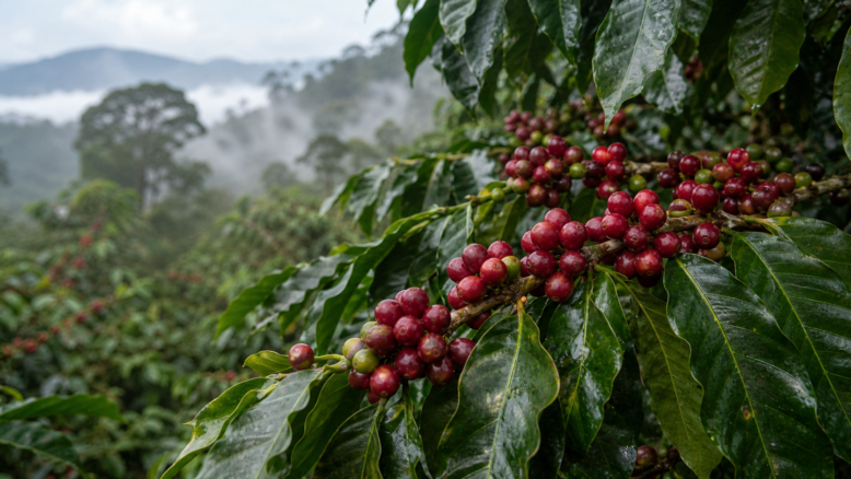 Reife Kaffeekirschen einer Bourbon-Linie in einem nebligen Hochland-Kaffeegarten