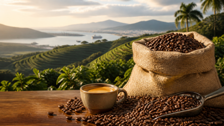 Brasil Santos Kaffee mit Espressotasse vor Plantage und Hafenlandschaft [Bildinhalt mit KI erstellt]