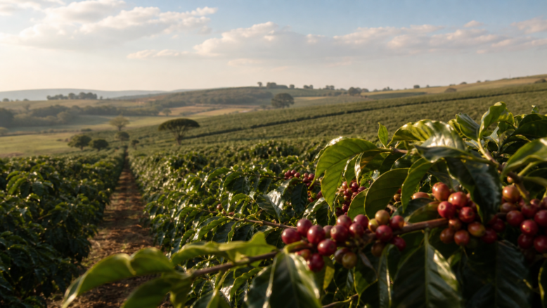Kaffeefeld im Cerrado Mineiro mit reifen Kaffeekirschen im warmen Morgenlicht