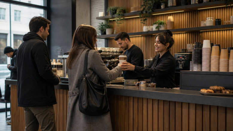 Kompaktes urbanes Café mit schneller Kaffeeausgabe [Bildinhalt mit KI erstellt]