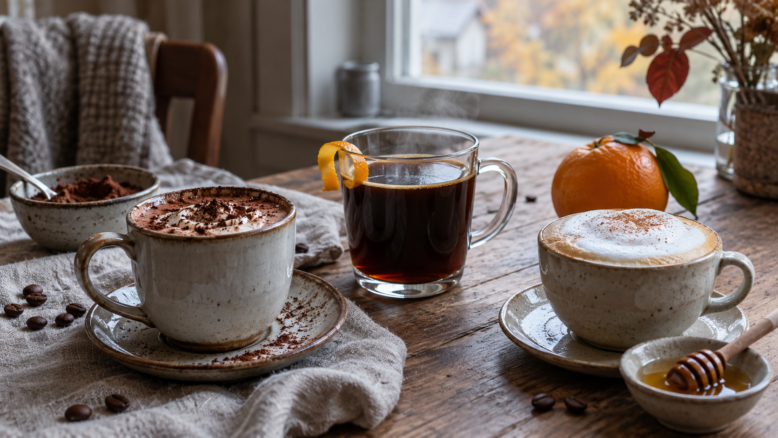 Drei heiße Kaffeegetränke auf einem Holztisch: Kakao-Mokka, Orangen-Filterkaffee und Honig-Cappuccino [Bildinhalt mit KI erstellt]