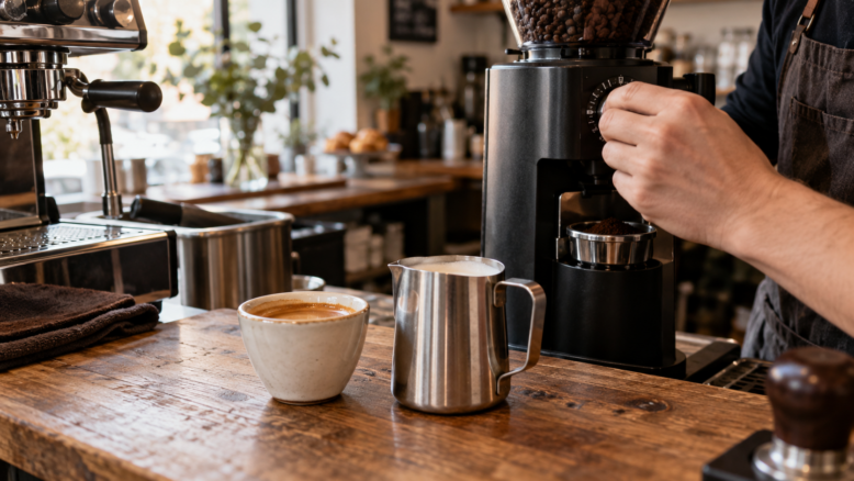 Barista stellt den Mahlgrad einer Espressomühle ein; daneben stehen Espresso und Milchkännchen auf einer Cafétheke [Bildinhalt mit KI erstellt]