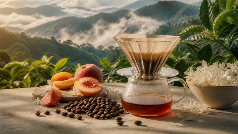 Panama Geisha Kaffee mit Jasmin und Pfirsich vor einer Plantage in Boquete [Bildinhalt mit KI erstellt]