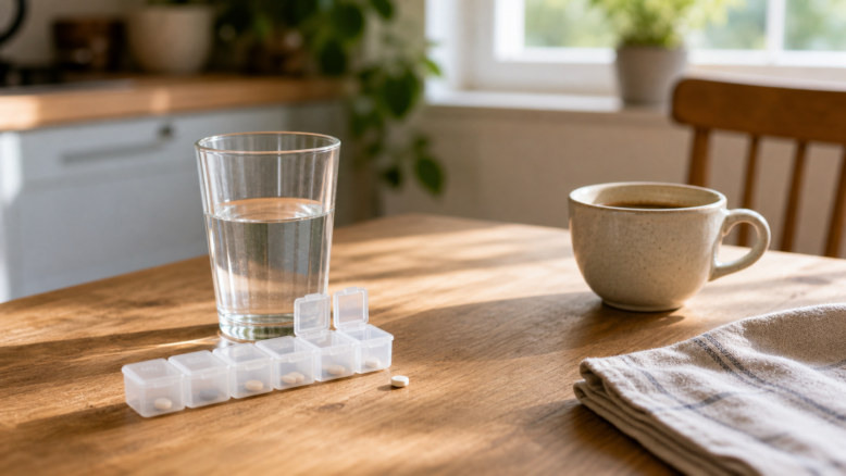 Wasser, Schilddrüsentabletten und Kaffee als Morgenroutine bei Hashimoto [Bildinhalt mit KI erstellt]