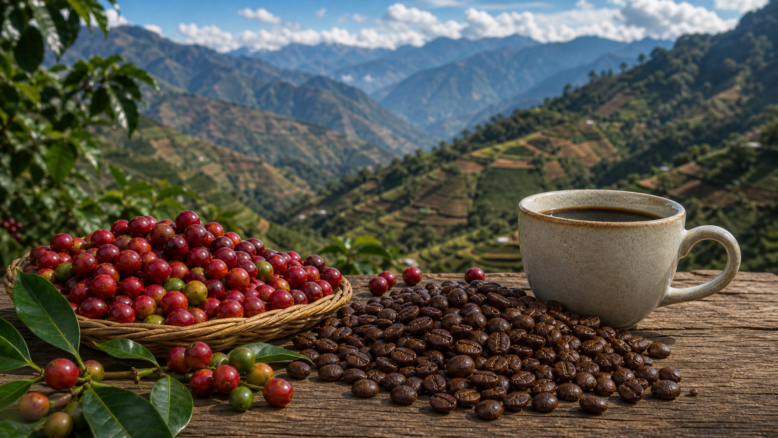 Huehuetenango Kaffee aus Guatemala mit Kaffeekirschen, gerösteten Bohnen und Hochlandkulisse