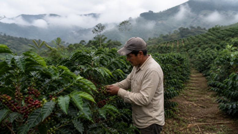 Kaffeebauer prüft reife Kaffeekirschen in einer Hochlandplantage [Bildinhalt mit KI erstellt]