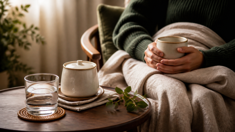 Ruhige Erholungsszene mit Wasser und beiseitegestelltem Kaffee [Bildinhalt mit KI erstellt]