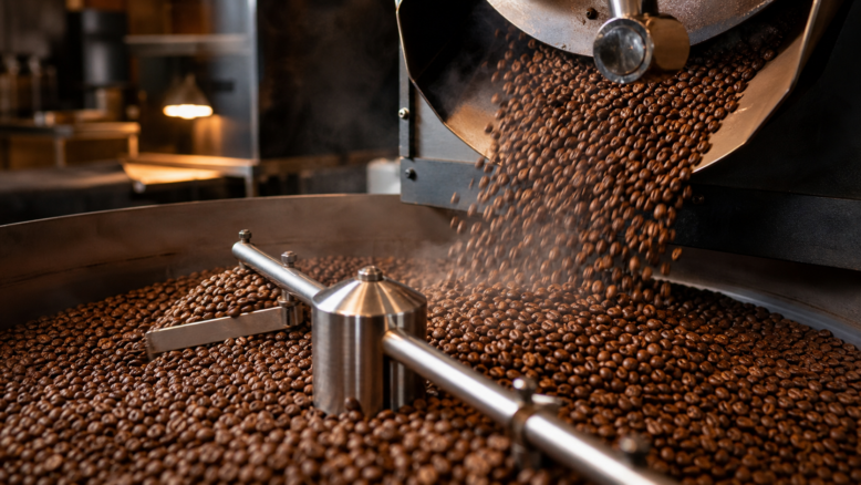 Frisch geröstete Kaffeebohnen in der Kühlschale eines Trommelrösters [Bildinhalt mit KI erstellt]