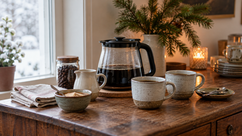 Vorbereitete Kaffeebar im Advent mit Filterkaffeekanne, Keramiktassen, Milch und Zucker auf einem Holztisch [Bildinhalt mit KI erstellt]