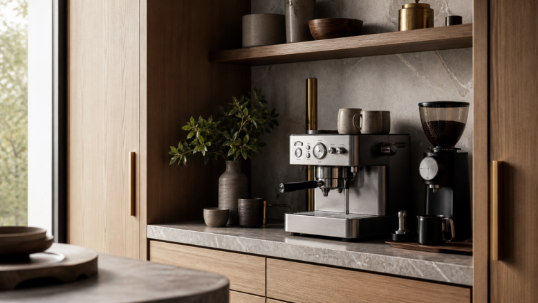 Hochwertig eingerichtete Kaffeebar in einem modernen Zuhause [Bildinhalt mit KI erstellt]