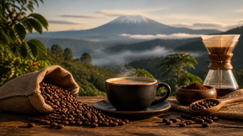 Tansanischer Kilimanjaro-Kaffee mit Handfilter vor dem Kilimandscharo [Bildinhalt mit KI erstellt]