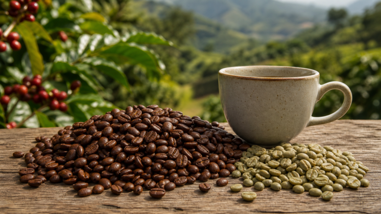 Kolumbien Excelso Kaffee mit gerösteten und grünen Bohnen vor Kaffeeplantage