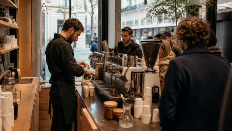 Urbanes Coffee-Bar-Konzept mit Gästen und Take-away-Kaffee [Bildinhalt mit KI erstellt]