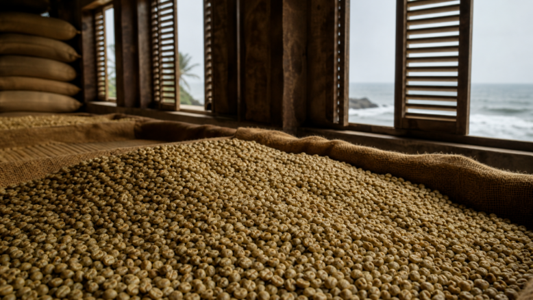 Monsooned-Malabar-Rohkaffee in einem Küstenlager an der indischen Malabarküste während des Monsuns