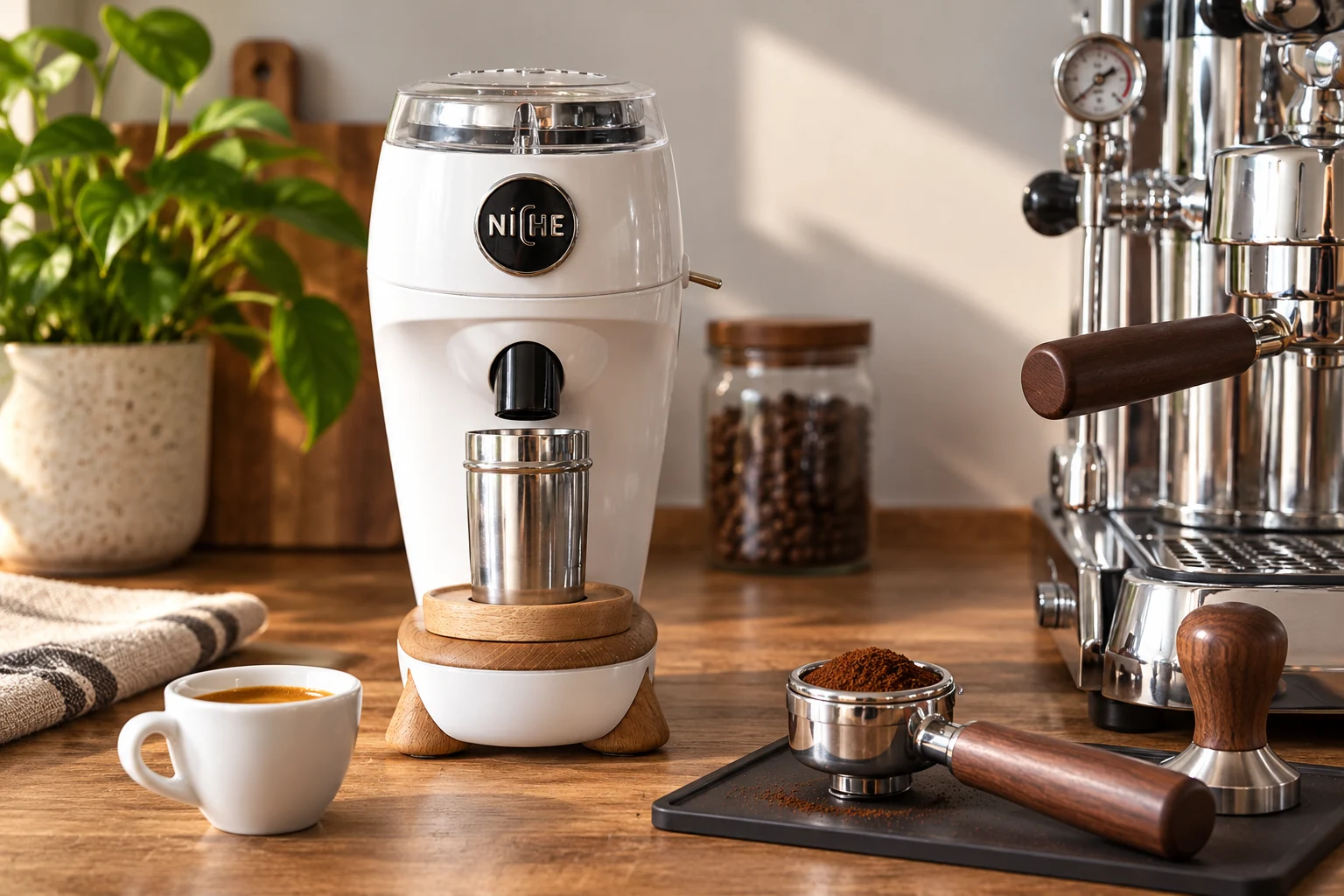 Weiße Niche Zero neben Espressomaschine, Siebträger und Tamper [Bildinhalt mit KI erstellt]