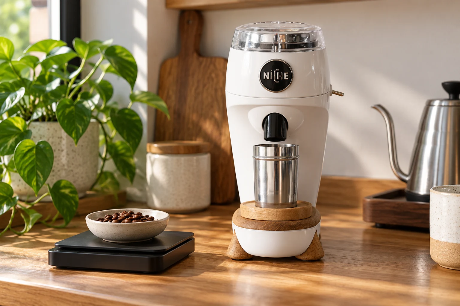Weiße Niche Zero neben einer Waage mit portionierten Kaffeebohnen [Bildinhalt mit KI erstellt]