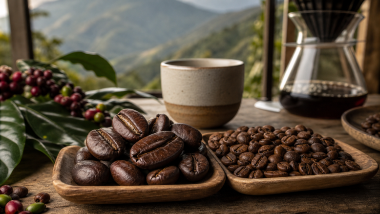 Pacamara Kaffee mit sehr großen gerösteten Bohnen neben normal großen Arabica-Bohnen