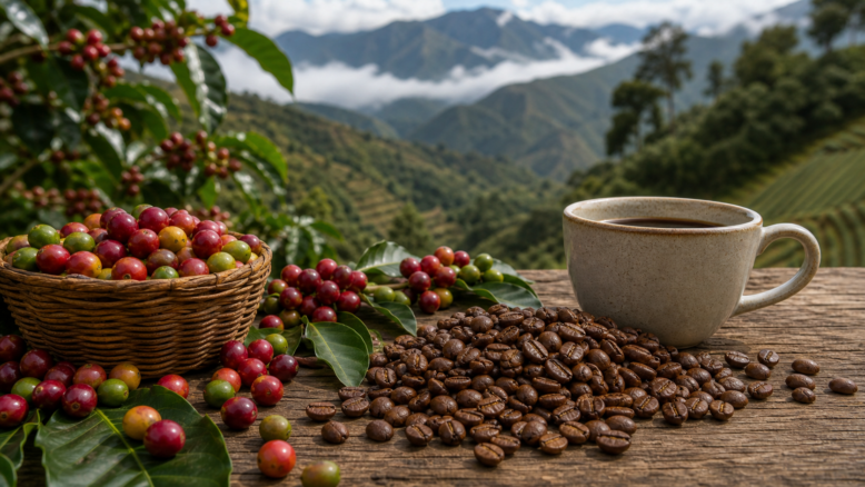 Peruanischer Kaffee mit Kaffeekirschen, gerösteten Bohnen und Hochlandkulisse
