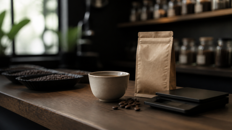 Unbeschrifteter Spezialitätenkaffee mit Tasse bei einer Verkostung [Bildinhalt mit KI erstellt]