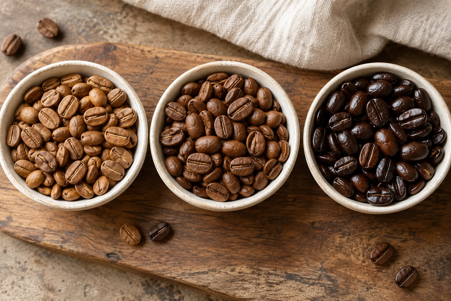 Drei Schalen mit helleren und dunkleren Kaffeebohnen [Bildinhalt mit KI erstellt]