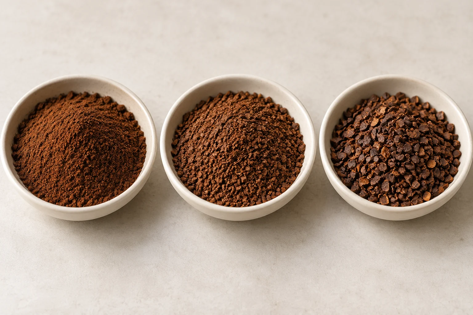 Drei Schalen mit unterschiedlich fein gemahlenem Kaffee [Bildinhalt mit KI erstellt]