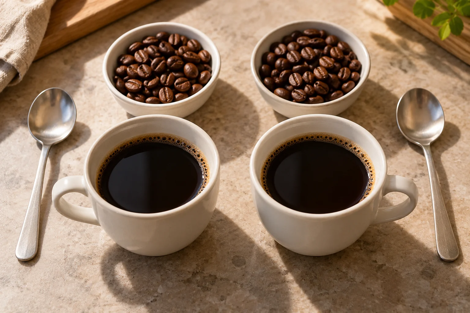 Zwei Tassen schwarzen Kaffees für einen direkten Geschmacksvergleich [Bildinhalt mit KI erstellt]