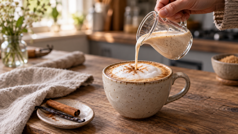 Cappuccino mit Milchschaum, in den hausgemachter Vanille-Zimt-Creamer gegossen wird [Bildinhalt mit KI erstellt]